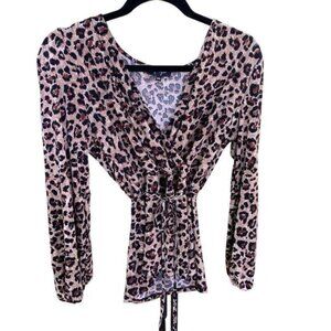 Lily Morgan Womens Leopard Print Fau Wrap LS Peplum Top Tie Waist Size M​​​​​